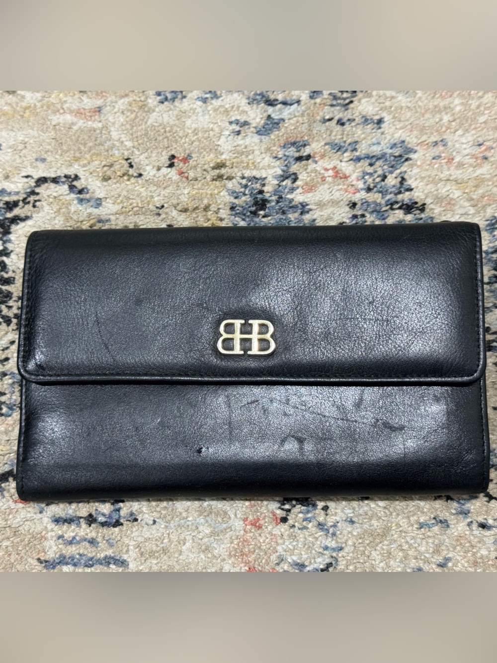 BOSCA Black Leather Italian Clutch with Gold Tone Logo Vintage